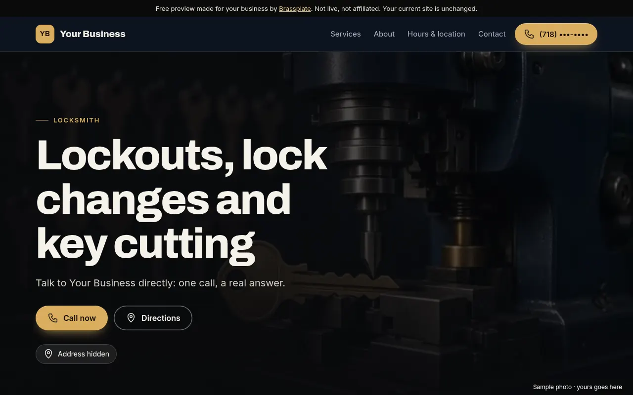 Desktop view of a Brassplate preview built for a Queens locksmith (business name hidden)