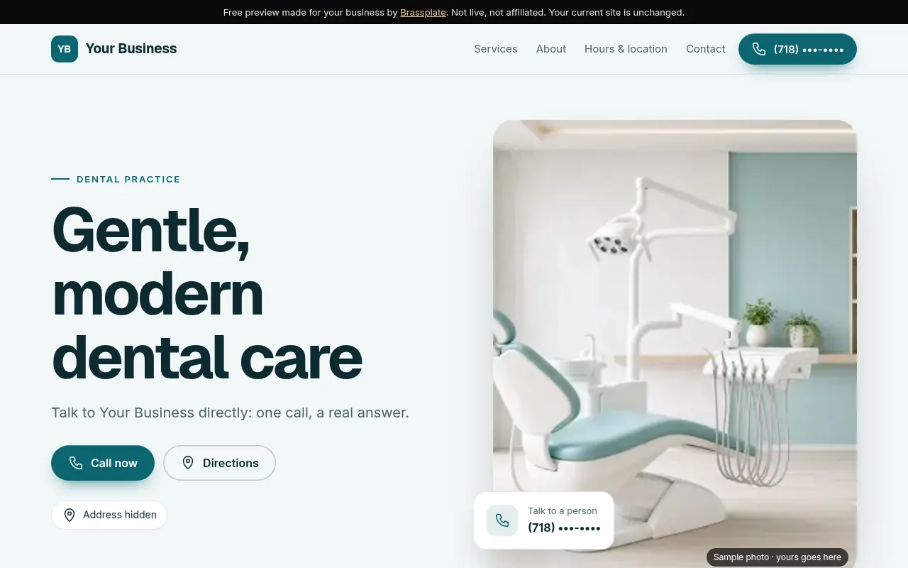 Preview design for a pediatric dentist: calm teal and white