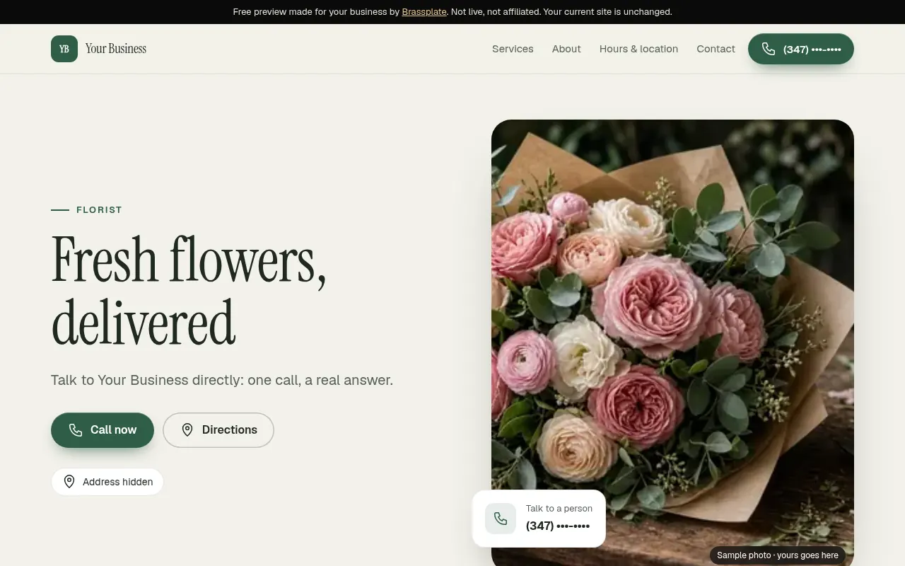 Preview design for a florist: editorial serif headline and bouquet photo