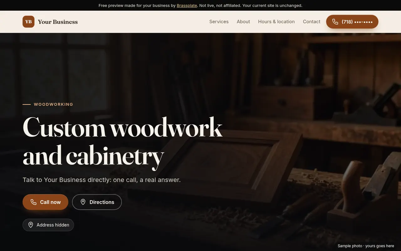 Preview design for a woodworking shop: warm oak tones and serif type