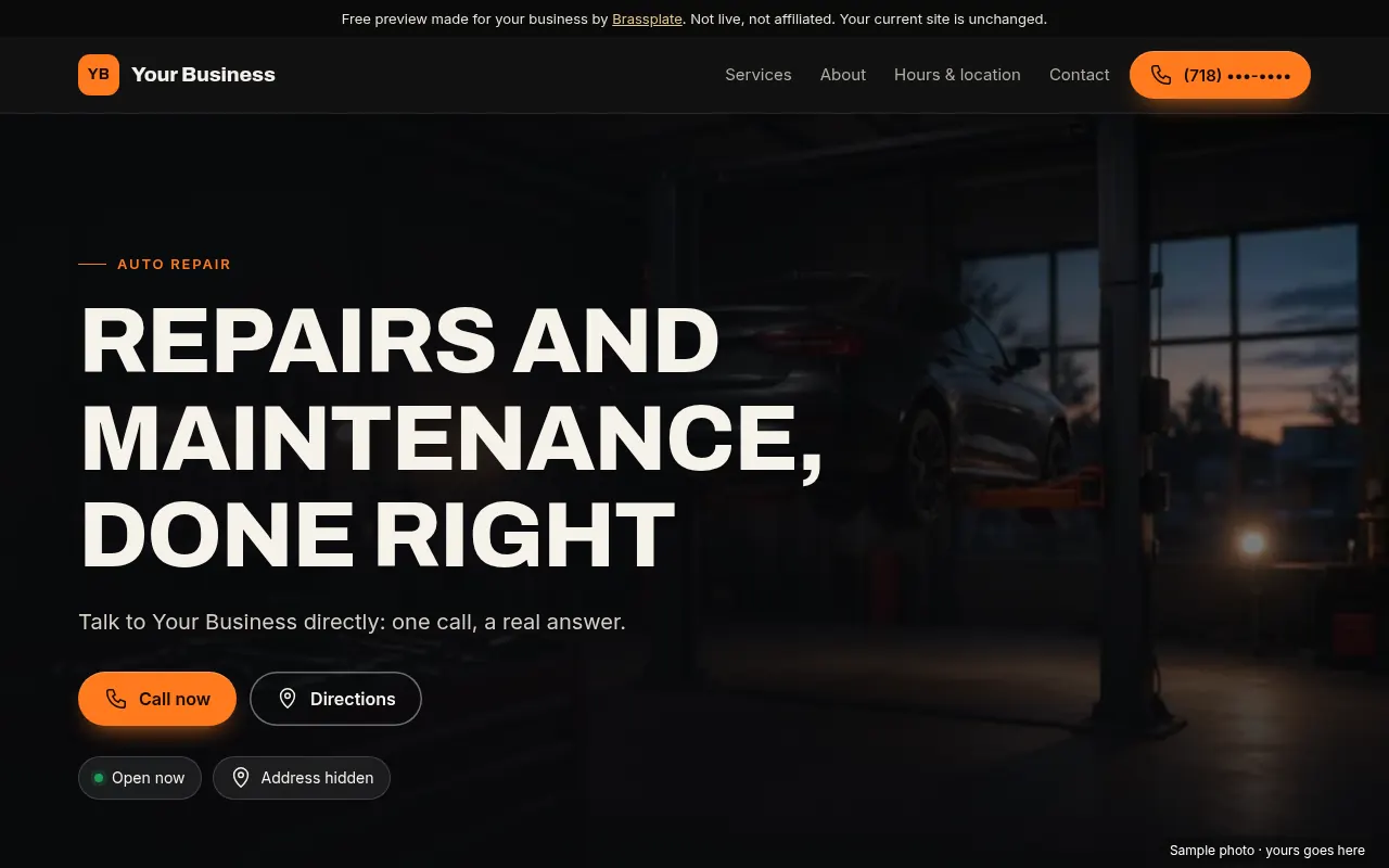Preview design for an auto repair shop: dark cinematic garage photo with bold uppercase headline