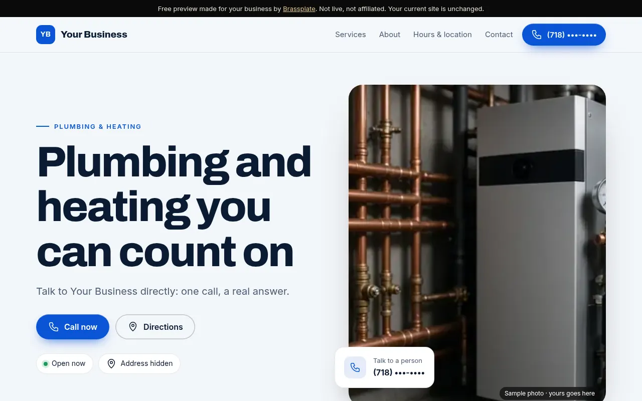 Preview design for a plumbing and heating company: bright, blue, trustworthy